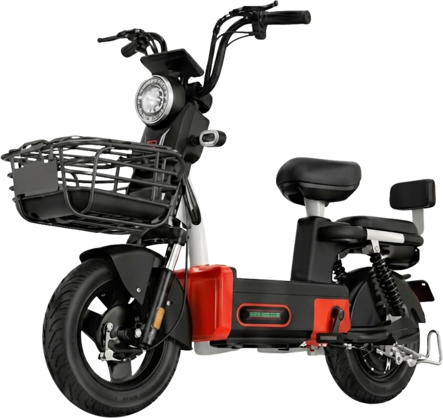 MVB-01: bike elétrica preta e vermelha, de quadro baixo, com cesto de arame na frente e banco corrido com encosto
