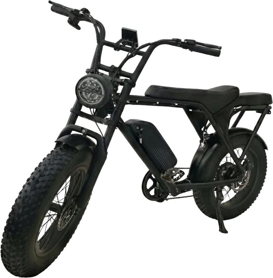 MVB-02: bike elétrica preta de pneu largo, com guidão alto e banco alongado