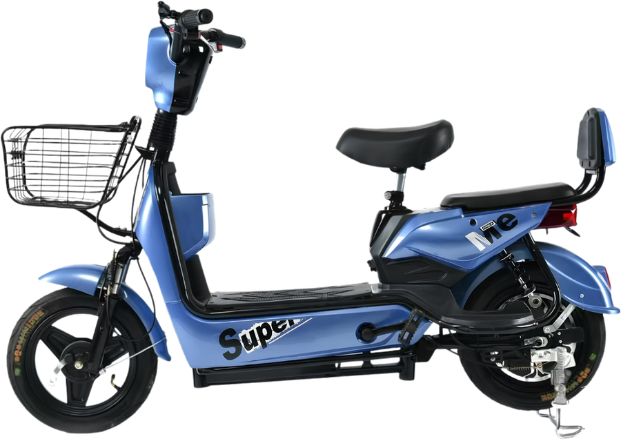 MVB Agile: bike elétrica azul de quadro baixo, com cesto de arame na frente e banco traseiro com encosto