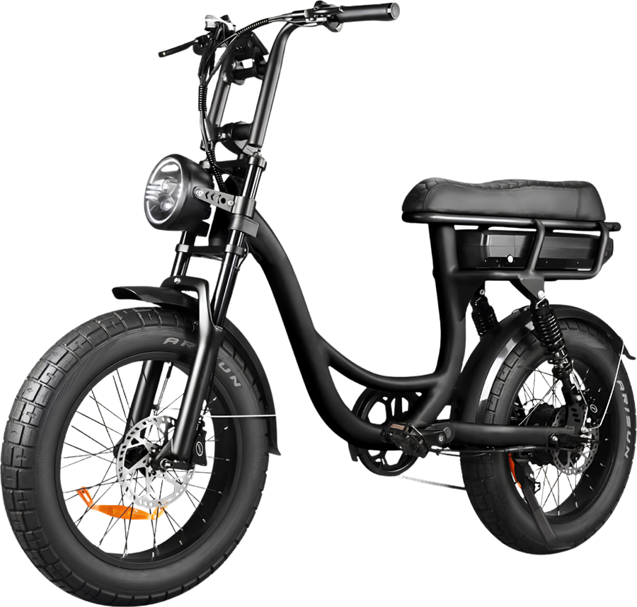 MVB-EB8: bike elétrica preta de pneu largo, com farol redondo, banco comprido pra dois e bagageiro traseiro