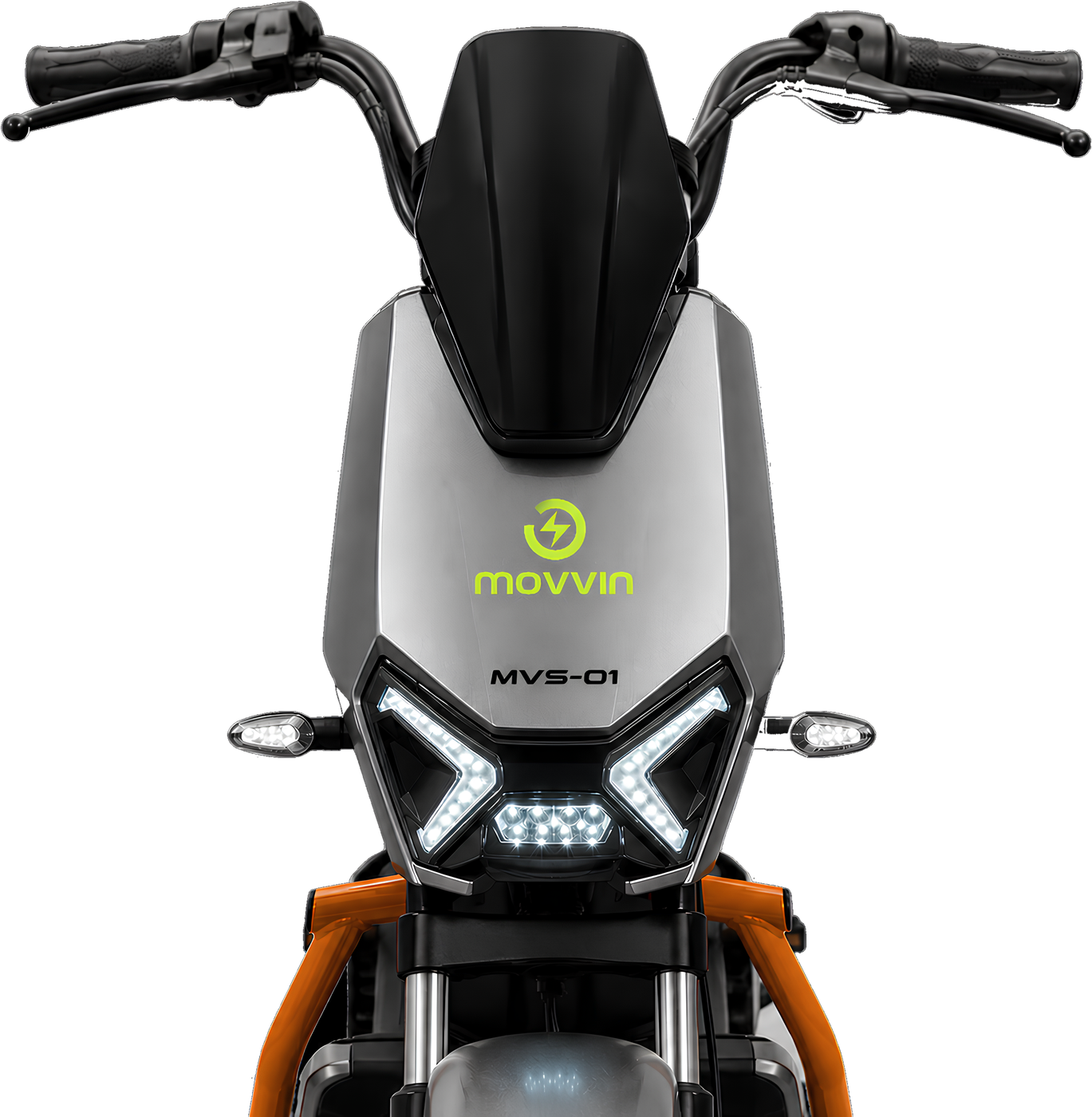 MVS-01 de frente: scooter elétrica prata com detalhes laranja, guidão largo e faróis de LED acesos