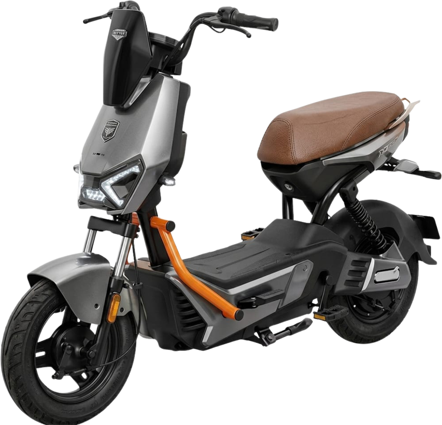 MVS-01: scooter elétrica prata e preta, de linhas retas, com detalhe laranja no quadro e banco marrom