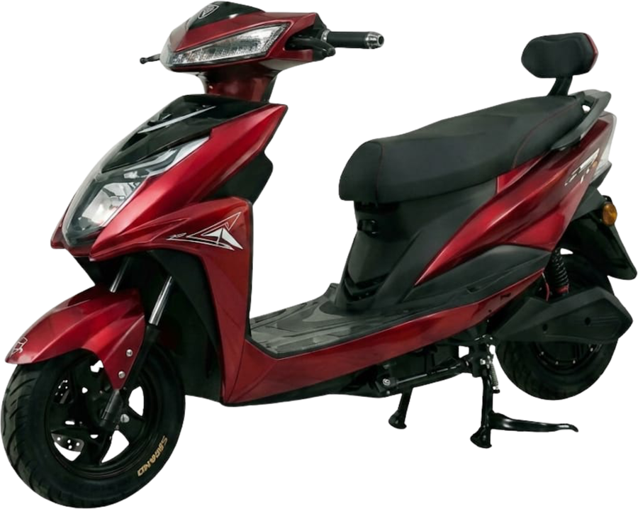 MVS-02: scooter elétrica vermelha de carenagem fechada, com farol integrado e banco duplo