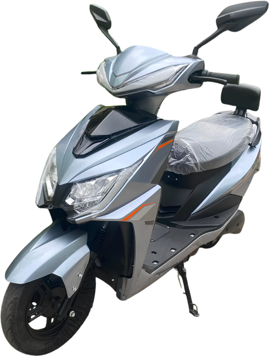 MVS Flash: scooter elétrica prata de desenho esportivo, com detalhes laranja e faróis afilados de LED