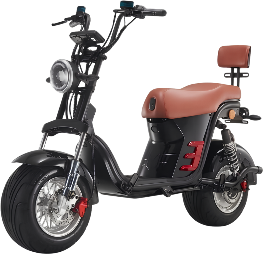 MVS-HL1: scooter elétrica preta estilo custom, de pneus largos, com farol redondo e banco caramelo com encosto