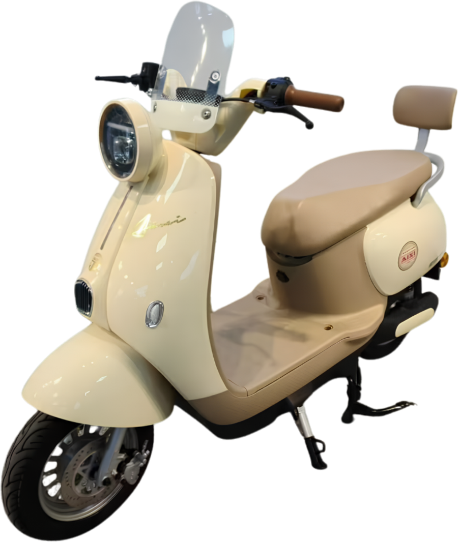 MVS Itália: scooter elétrica bege de linhas clássicas, com para-brisa, farol redondo e banco duplo com encosto