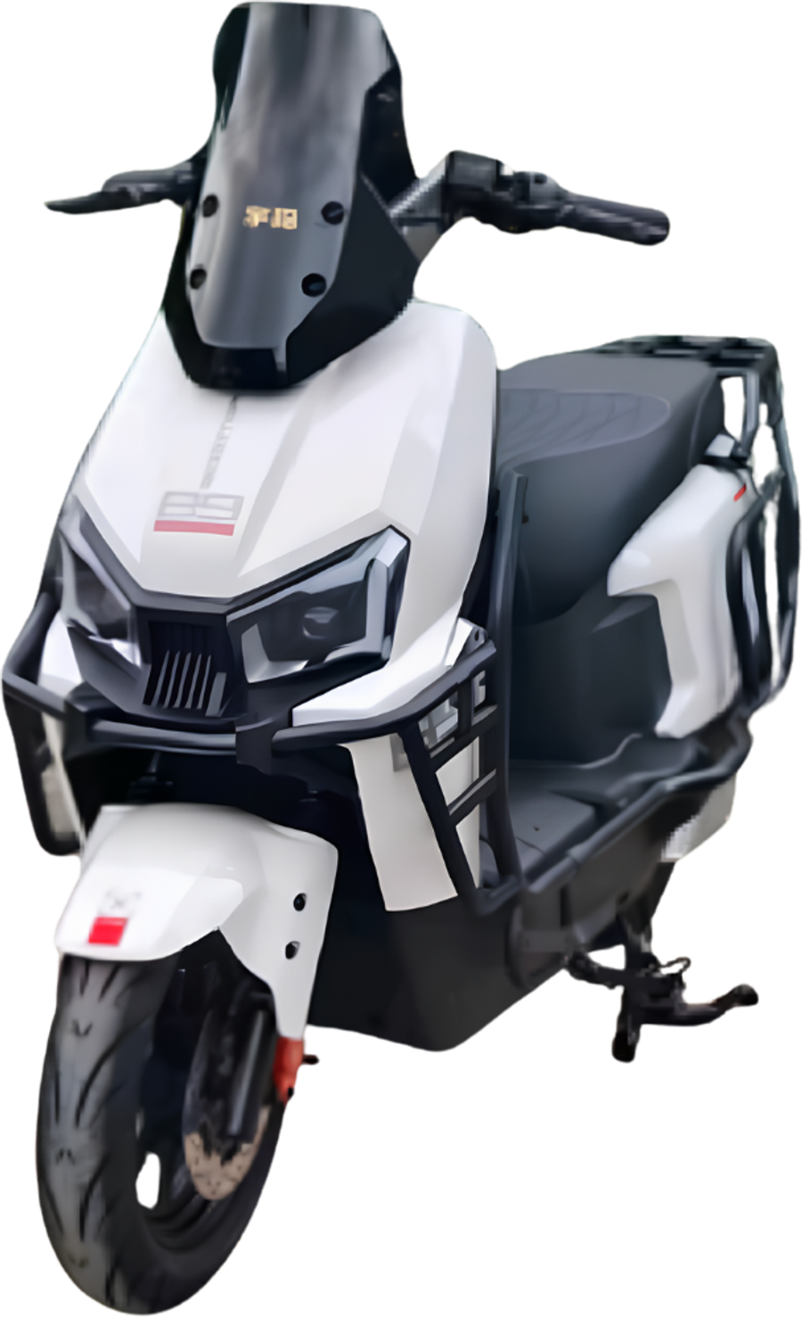 MVS Spark: scooter elétrica branca com grades de proteção pretas na frente e atrás e faróis duplos de LED