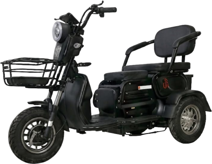 MVT-03: triciclo elétrico preto com três rodas, banco largo com encosto e apoios de braço, e cesto de carga na frente